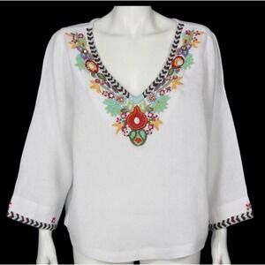 Soft Surroundings Fiesta Tunic Top White Linen Embroidered Beading XL Boho